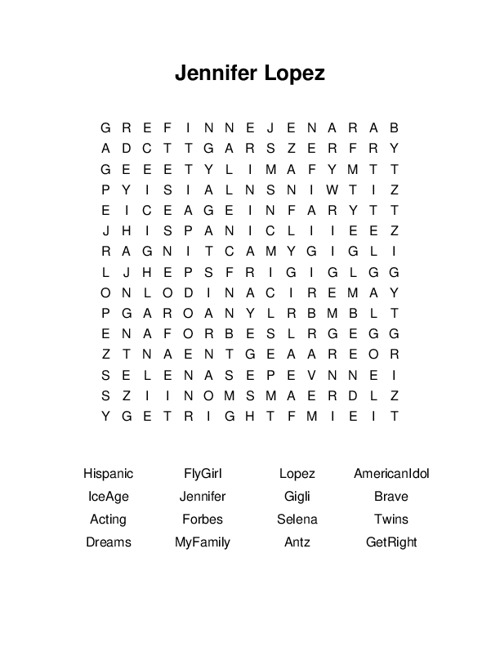 Jennifer Lopez Word Search Puzzle