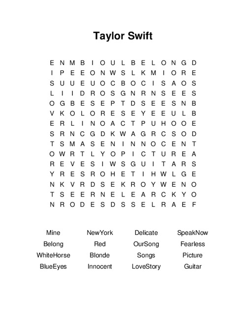 Taylor Swift Word Search Puzzle