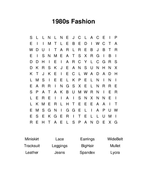 1980s Fashion Word Search Puzzle