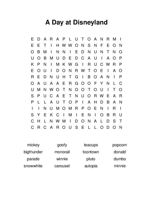 A Day at Disneyland Word Search Puzzle