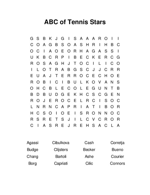 ABC of Tennis Stars Word Search Puzzle