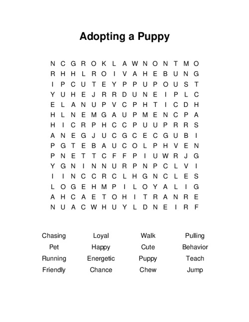 Adopting a Puppy Word Search Puzzle