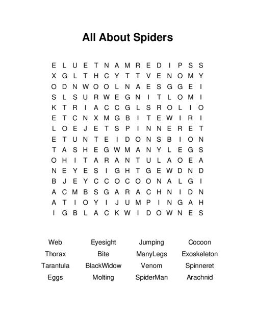 All About Spiders Word Search Puzzle