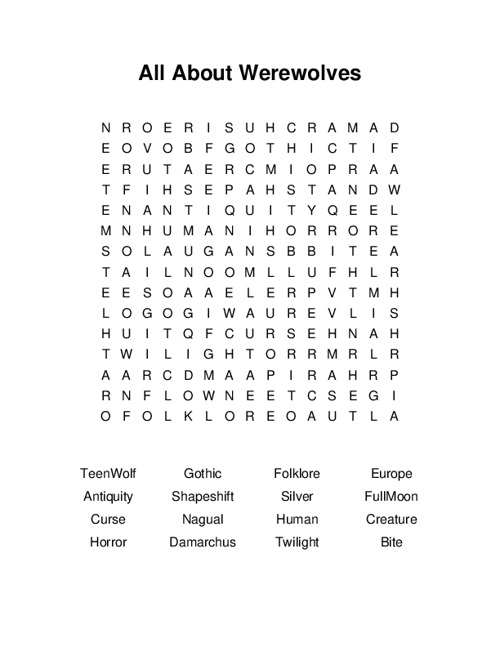 All About Werewolves Word Search Puzzle
