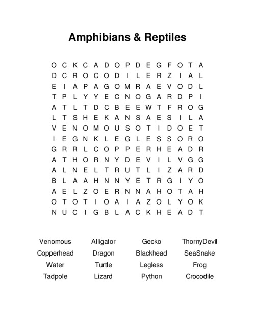 Amphibians & Reptiles Word Search Puzzle