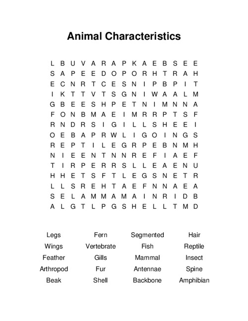 Animal Characteristics Word Search Puzzle