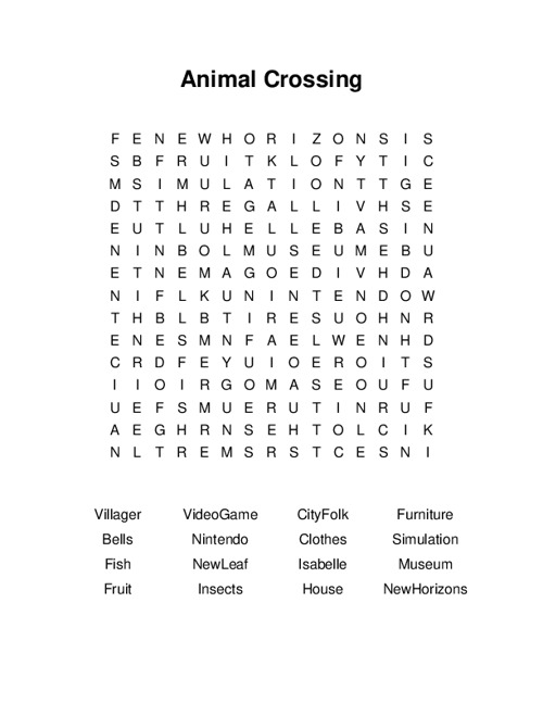 Animal Crossing Video Games Word Search Puzzle