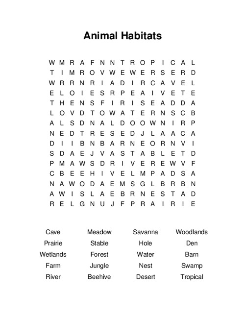 Animal Habitats Word Search Puzzle