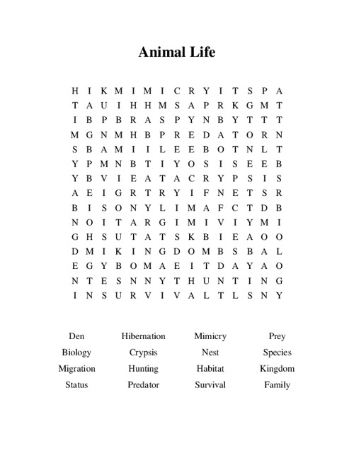 Animal Life Word Search Puzzle