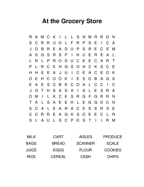 At the Grocery Store Word Search Puzzle