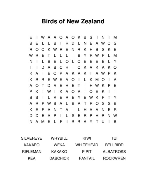 Birds of New Zealand Word Search Puzzle