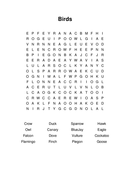 Birds Word Search Puzzle