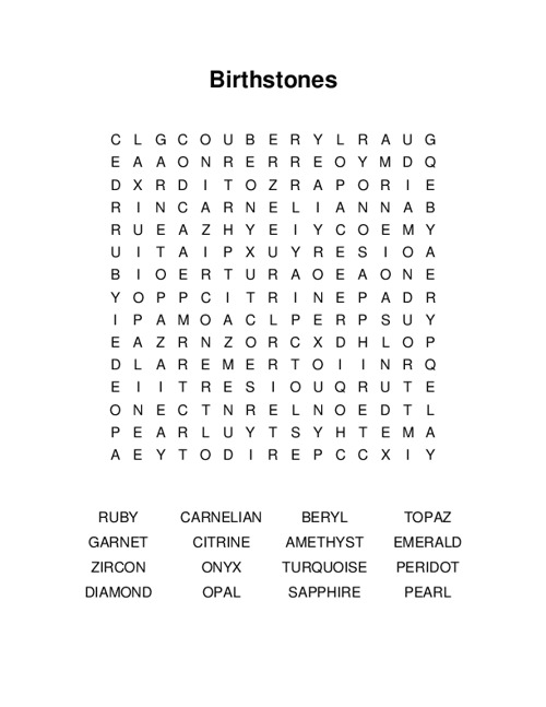 Birthstones Word Search Puzzle