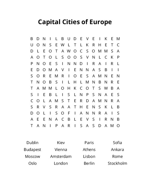 Capital Cities of Europe Word Search Puzzle