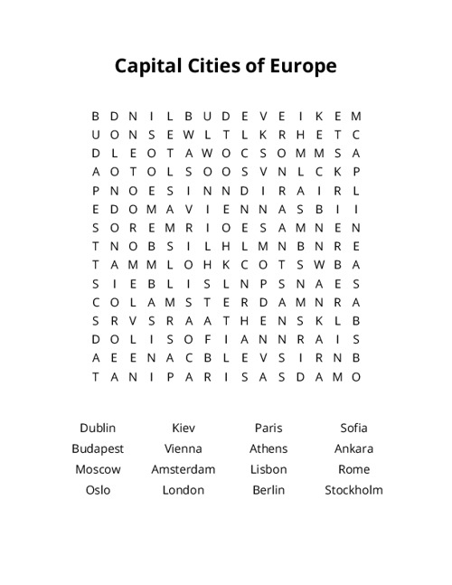 Europe Countries Word Search