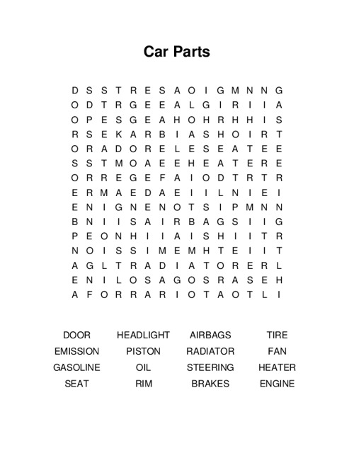 Car Parts Word Search Puzzle