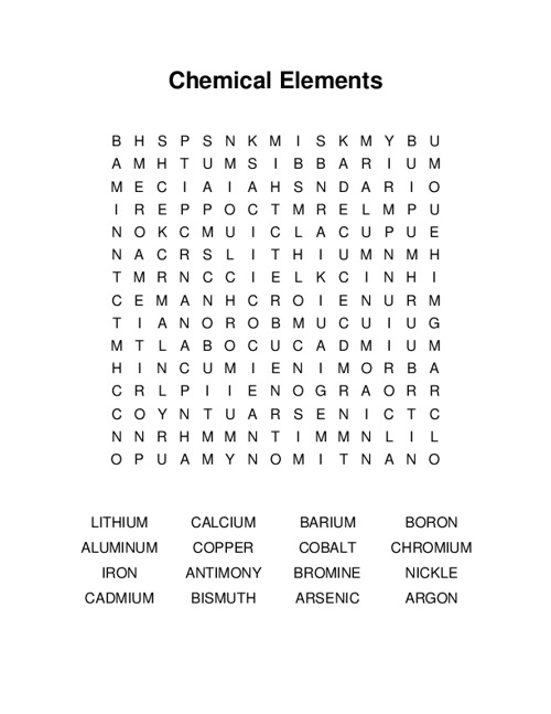Chemical Elements Word Search