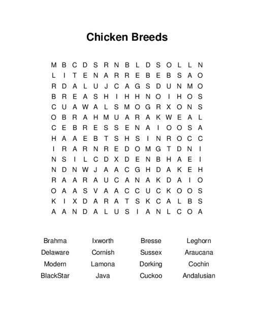 Chicken Breeds Word Search Puzzle
