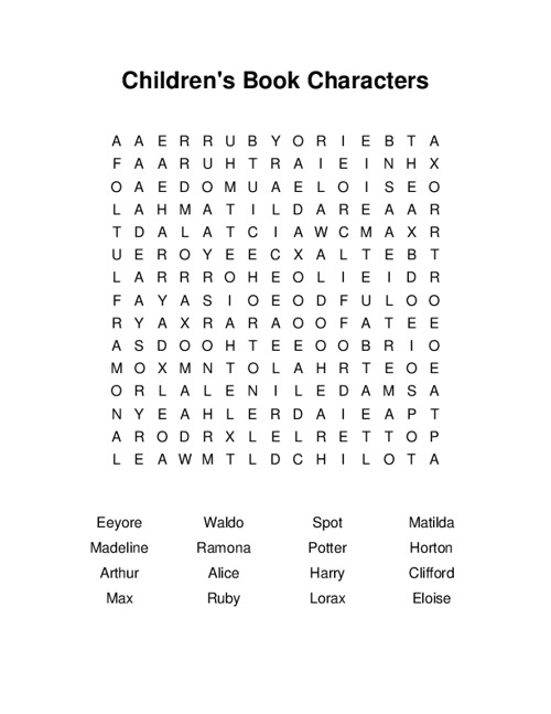 Childrens Book Characters Word Search Puzzle