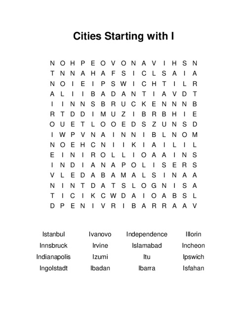 Cities Starting with I Word Search Puzzle