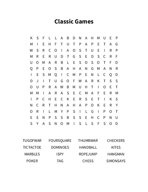 Classic Games Word Search Puzzle