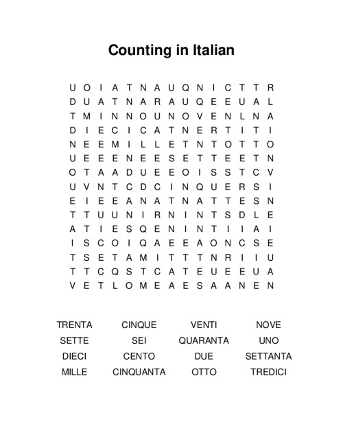 Counting in Italian Word Search Puzzle