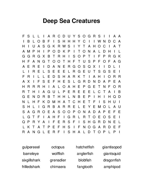 Deep Sea Creatures Word Search Puzzle
