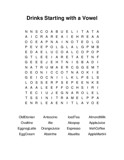 Drinks Starting with a Vowel Word Search Puzzle