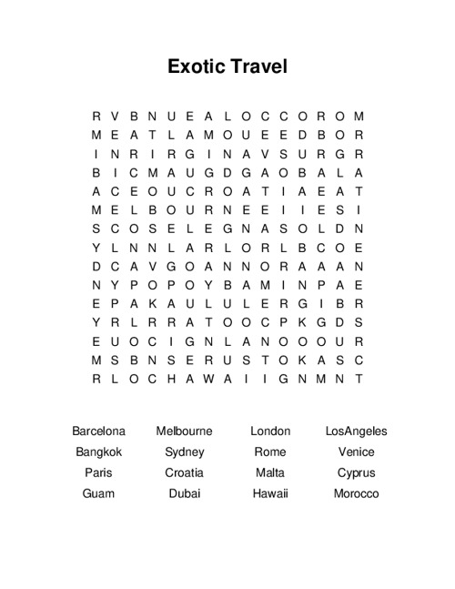 Exotic Travel Word Search Puzzle