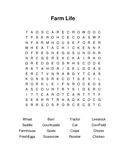 Farm Life Word Search Puzzle