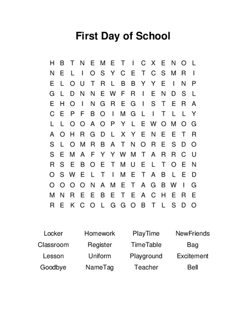 First Day Of School Word Search