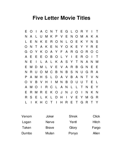 Five Letter Movie Titles Word Search Puzzle