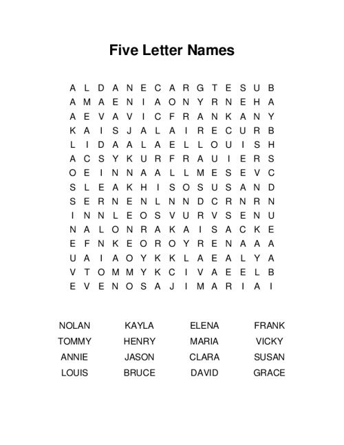 Five Letter Names Word Search Puzzle