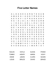 Five Letter Names Word Search Puzzle