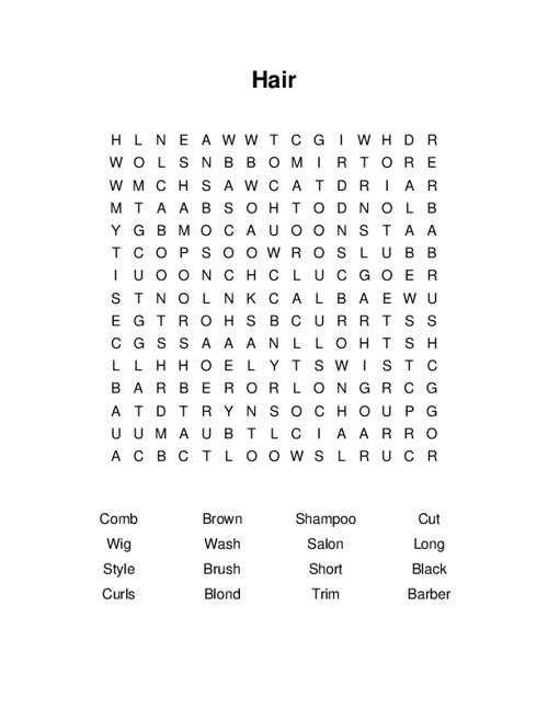 Hair Word Search Puzzle