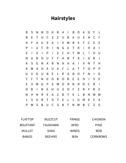 Hairstyles Word Search Puzzle