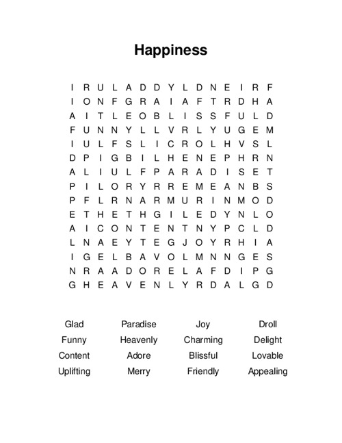 Happiness Word Search Puzzle