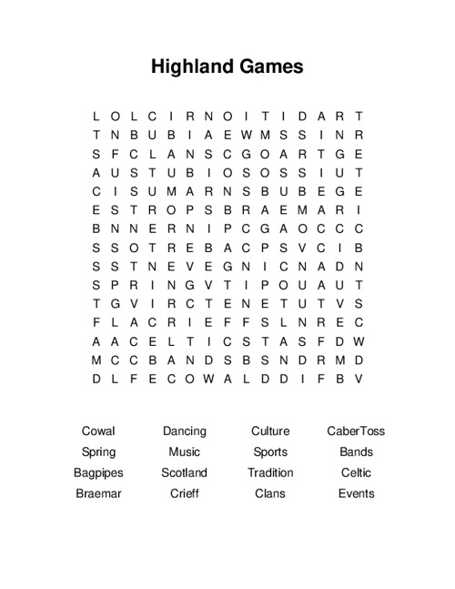 Highland Games Word Search Puzzle