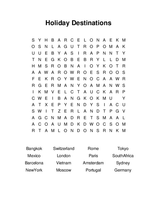 Holiday Destinations Word Search Puzzle