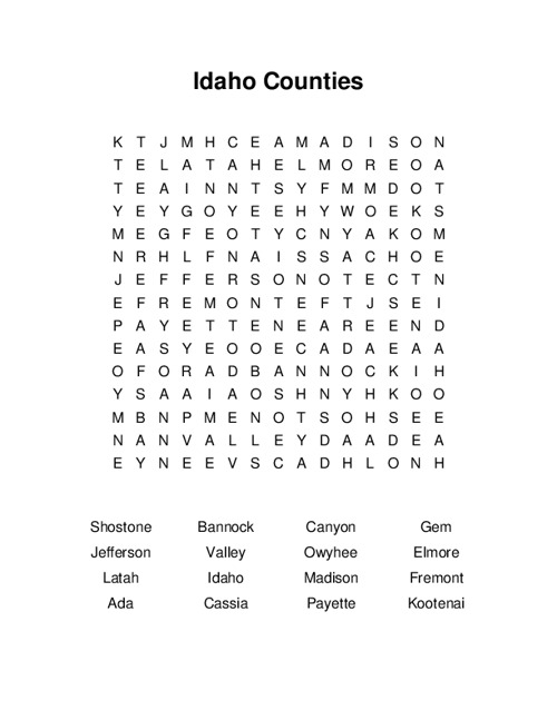 Idaho Counties Word Search Puzzle
