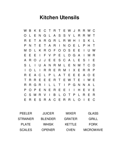 Kitchen Utensils Word Search Puzzle