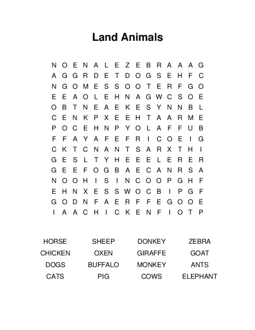 Land Animals Word Search Puzzle