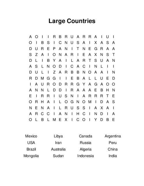 Large Countries Word Search Puzzle