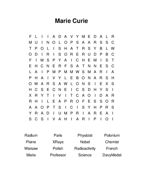 Marie Curie Word Search Puzzle