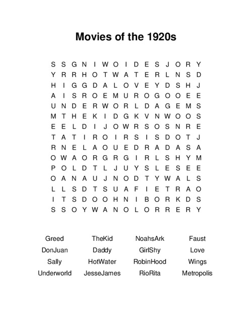 Movies of the 1920s Word Search Puzzle