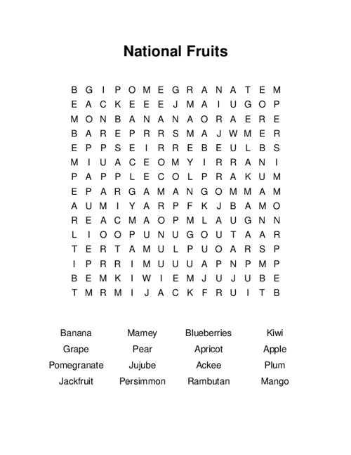 National Fruits Word Search Puzzle