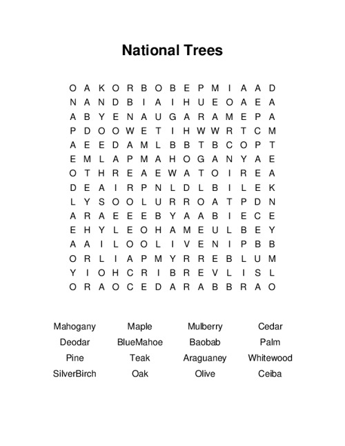 National Trees Word Search Puzzle