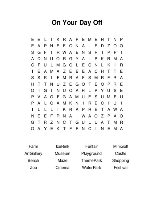 On Your Day Off Word Search Puzzle