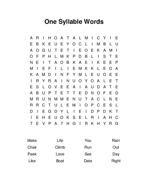 One Syllable Words Word Search Puzzle