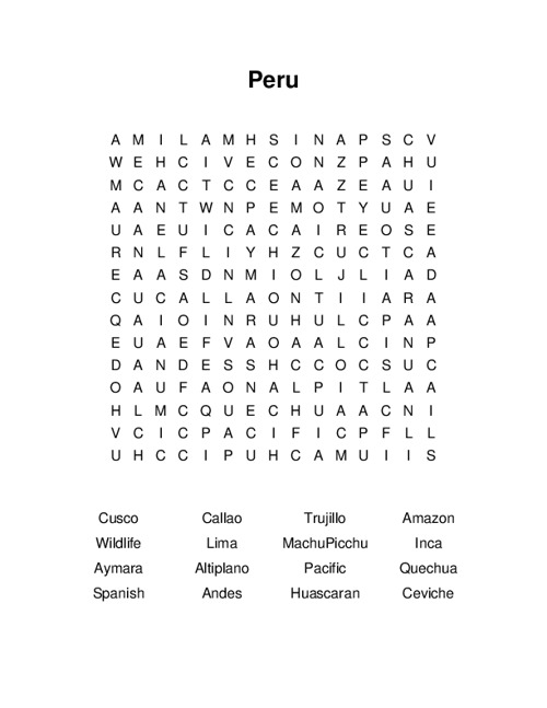 Peru Word Search Puzzle